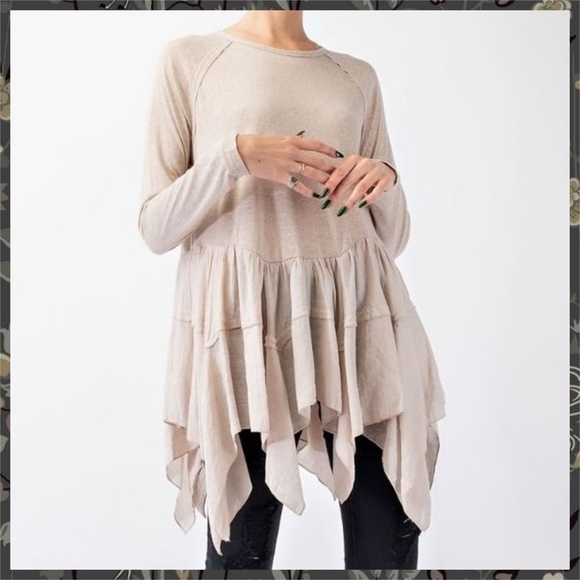 EASEL Long Sleeved Asymmetrical Ruffled Hem Lightweight Tunic Top - Picture 9 of 14
